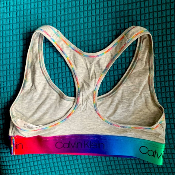 NWT Calvin Klein Cotton Unlined Bralette Sports Bra XS w/Rainbow Band and Logo - Picture 2 of 4
